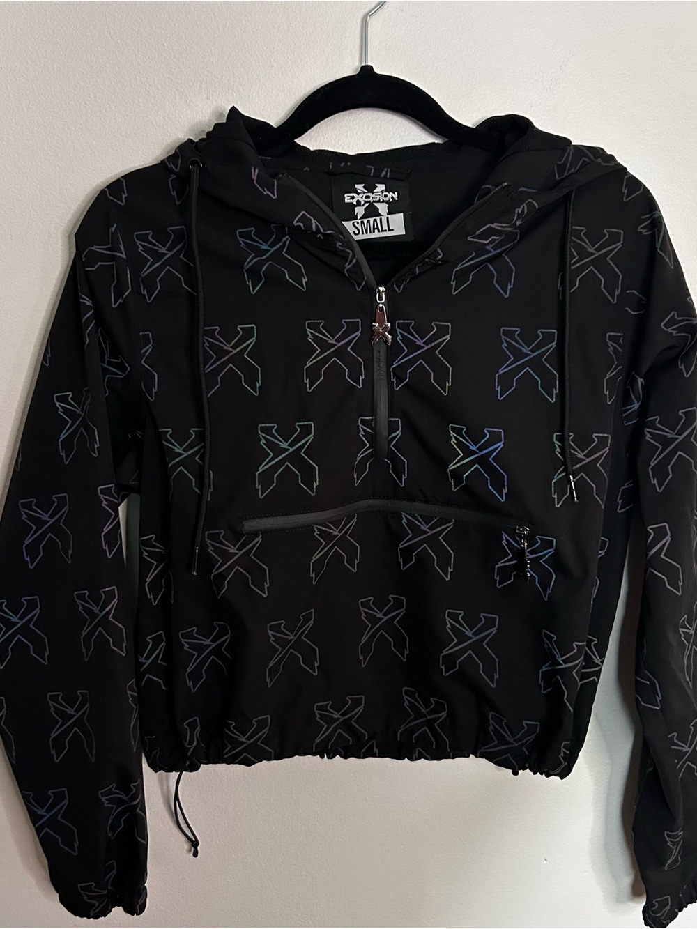 Black Hooded Bomber Jacket with Reflective X Print - Small